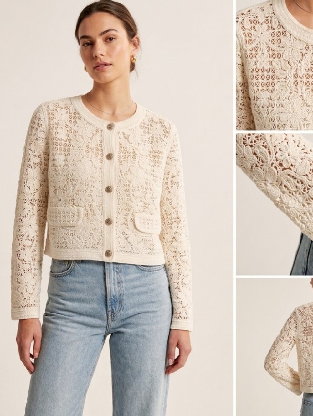 ZARA Women MACRAME Crochet KNIT Cardigan Jacket size Small Ecru White Floral